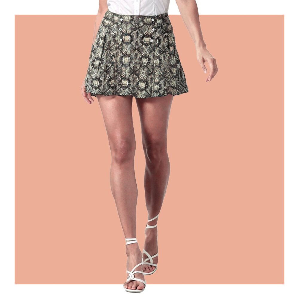 Free People Boho Damask Green Grey Purple Print Flowy Shell Button Mini Skirt